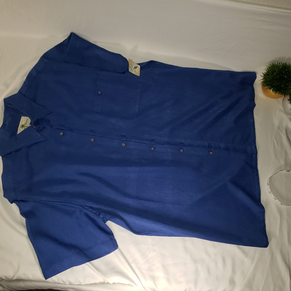 Island Shores Short Sleeve Shirt Navy Blue Crepe L